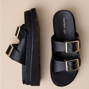 Madden Girl Black Sandals with Gold Buckles